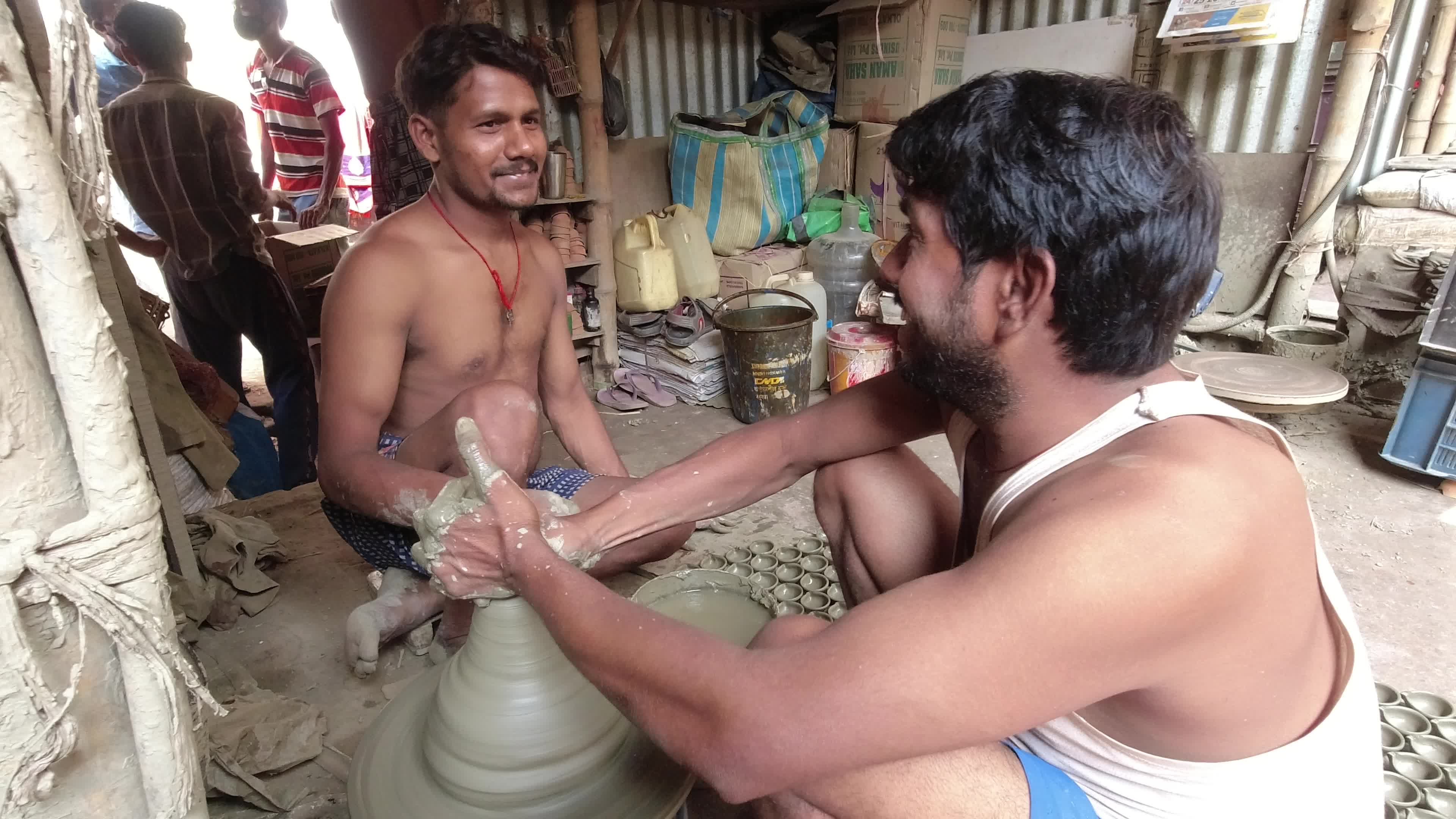Oil lamp making for Diwali festival in Kolkata