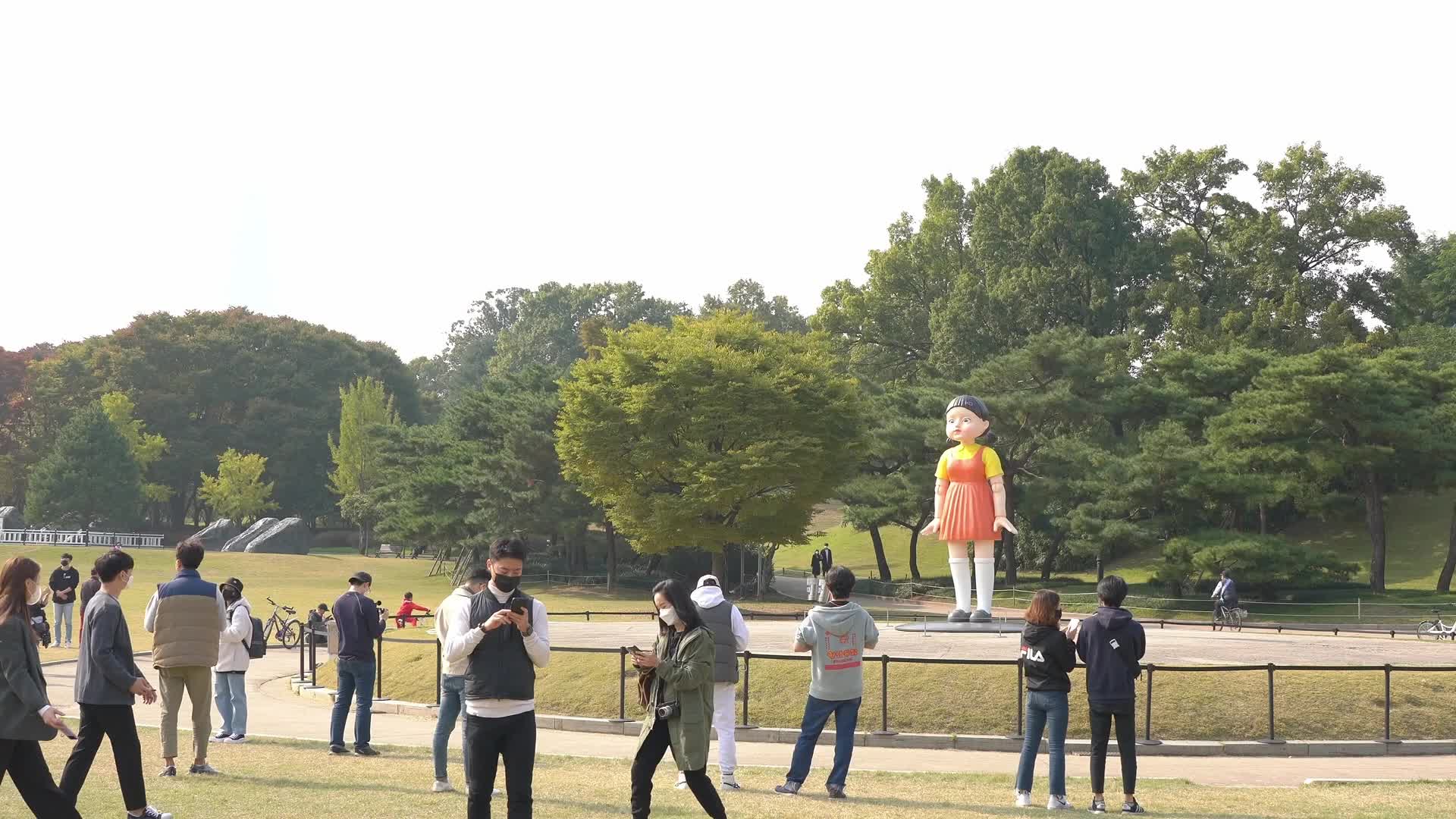 Giant doll from Netflix original series 'Squid Game' installed at the Olympic Park in Seoul, South Korea