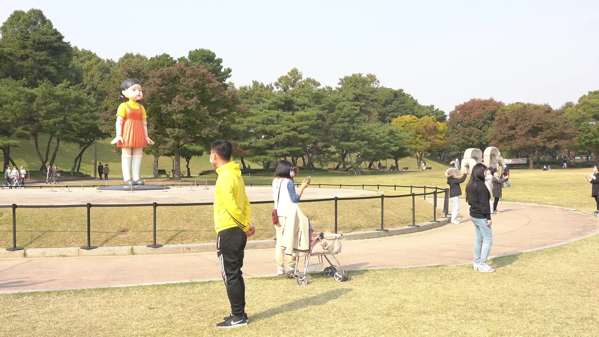 Giant doll from Netflix original series 'Squid Game' installed at the Olympic Park in Seoul, South Korea